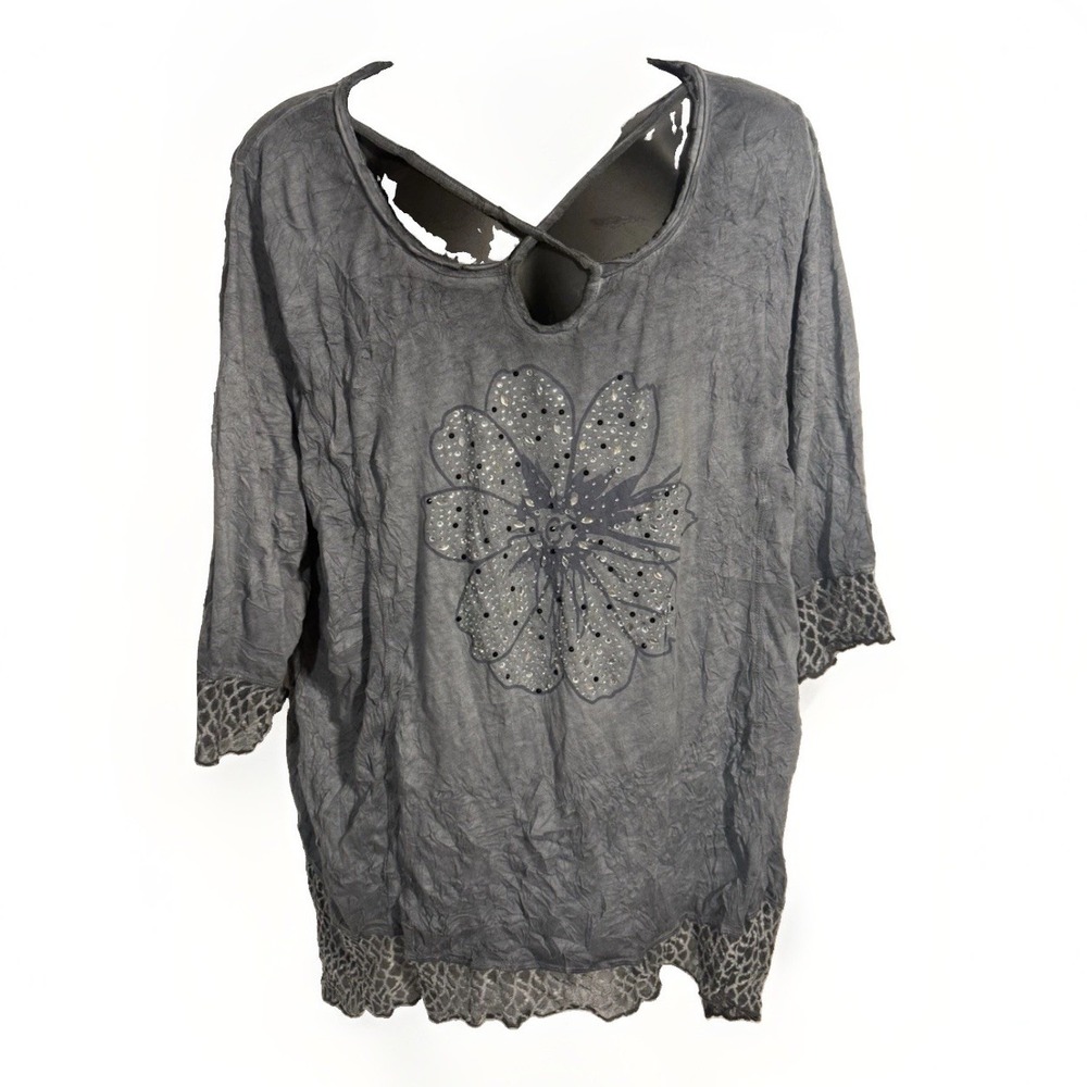 Boutique Gauzy Embroidered Beaded Blouse Gray Size 20 Boho Hippie Peasant Beach